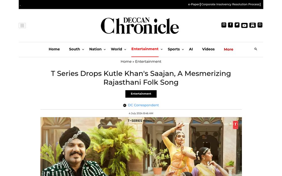 Deccan Chronicle: T-Series Drops Kutle Khan's Saajan